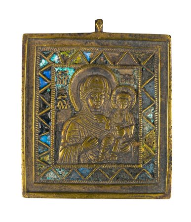  Piccola icona da viaggio raffigurante la Madonna di Smolensk - XIX secolo 
