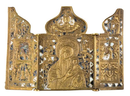  Trittico da viaggio raffigurante l'Odighitria con i simboli della passione - XIX secolo 