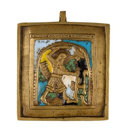  Icona da viaggio raffigurante San Niceta che abbatte il demonio - XIX secolo 