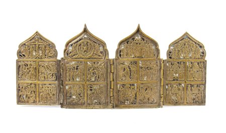  Polittico da viaggio raffigurante le dodici feste ortodosse e quattro miracolose apparizioni della Vergine  - XIX secolo