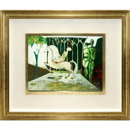 Cesare D'Angelo (Catania 1940 - 2006)  - Fantasia con coppia e cavallo bianco, 20° secolo
