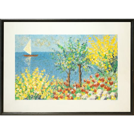 Paesaggio marino con fiori e barca a vela, 20° secolo