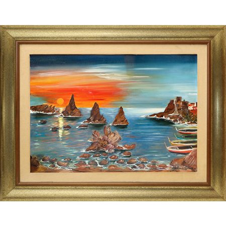 Sebastiano Guarnaccia - Marina con tramonto e barche, 1985
