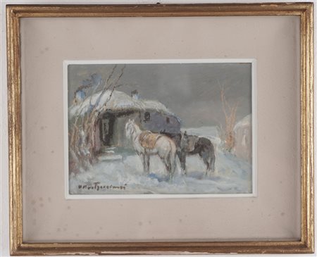 Domenico Mastroianni (Arpino 1876 - Roma 1962)  - Cavalli nella neve