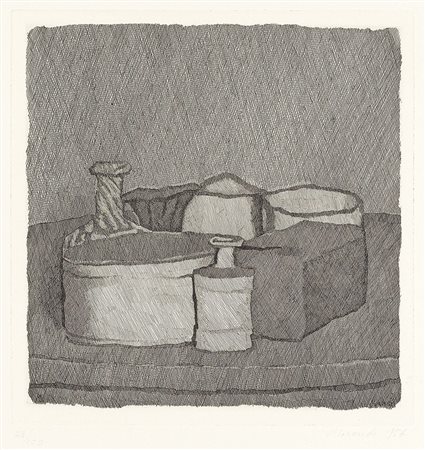 Giorgio Morandi, Bologna 1890 - 1964, Natura morta con quattro oggetti e tre...