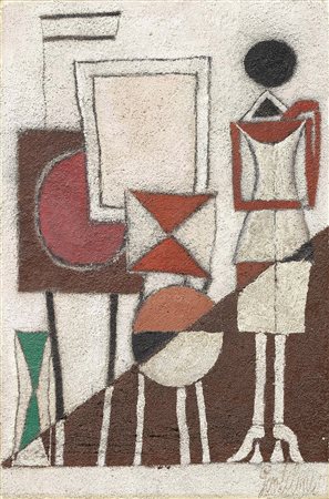 Franco Gentilini, Faenza (Ra) 1909 - Roma 1981, Figura con tavolo, 1957, Olio...