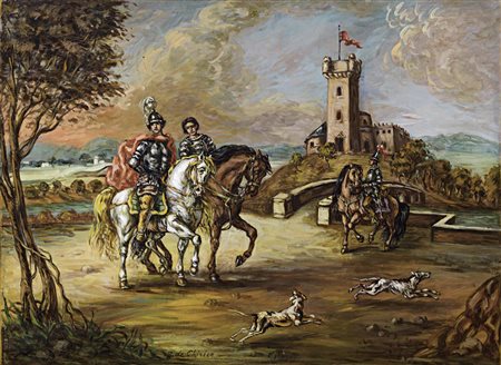 Giorgio de Chirico, Volos 1888 - Roma 1978, Cavalieri presso una torre, metà...