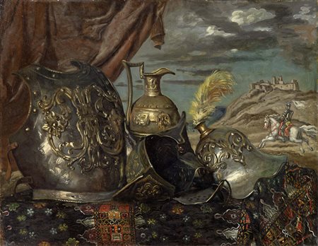 Giorgio de Chirico, Volos 1888 - Roma 1978, Corazze con cavaliere (Natura...