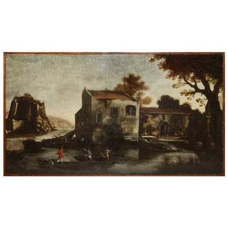 Il Sestri (attribuito a) (Sestri Ponente 1608 - Genova 1665)  - Paesaggio fluviale con pescatori, casolare e rocca sullo sfondo, Second half of the 17° secolo.