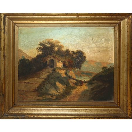 Carlo Fontana (Carrara 1865 - Sarzana 1956)  - Paesaggio con piccola chiesa , 1895