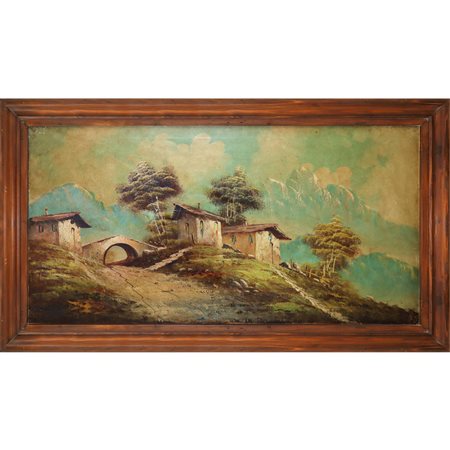 Paesaggio con casa rurale, ponte e montagne innevate, Fine 19° secolo