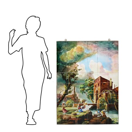 Farnesiana Ceramiche di Carlo Corvi - Maiolica raffigurante paesaggio fluviale con alberi e personaggi, 1950s
