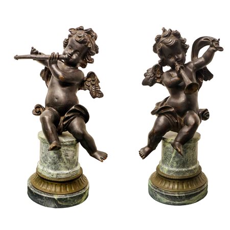Jean-Baptiste  Carpeaux ((Valenciennes 1827 - Courbevoie 1875)  - Coppia di putti musicanti in bronzo su base in marmo e bronzo 