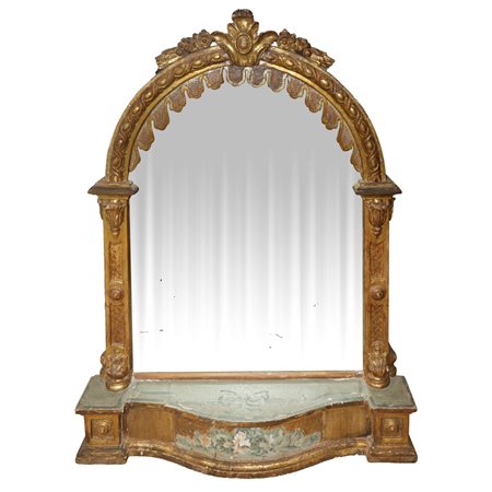 Specchiera con cornice in legno dorato su base dipinta, 18° secolo