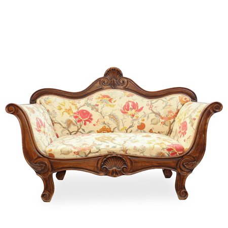 Divano a barca a due posti con tappezzeria floreale, Louis Philippe style, Fine 19° secolo
