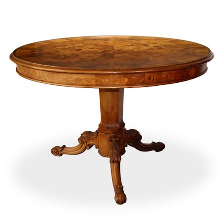 Tavolo rotondo in radica con intarsi floreali al piano e alla balza, Fine 19° secolo