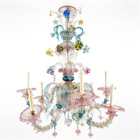 Lampadario in vetro di Murano policromo a 8 luci