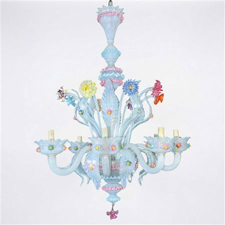 Lampadario in vetro di Murano lattimo con decori floreali policromi