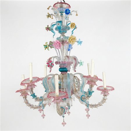 Lampadario in vetro di Murano policromo a 8 luci