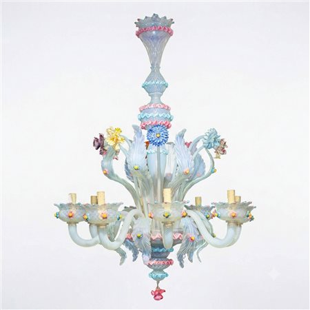 Lampadario in vetro di Murano lattimo con decori floreali policromi
