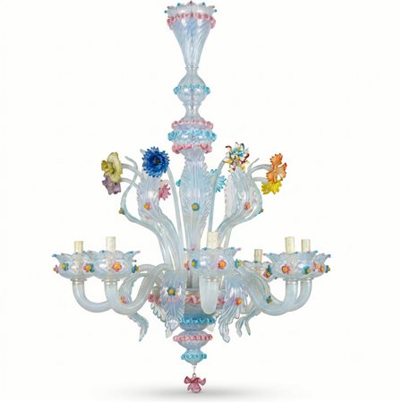 Lampadario in vetro di Murano lattimo con decori floreali policromi