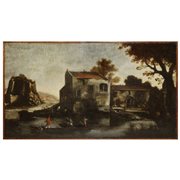 Il Sestri (attribuito a) (Sestri Ponente 1608 - Genova 1665)  - Paesaggio fluviale con pescatori, casolare e rocca sullo sfondo, Second half of the 17° secolo.