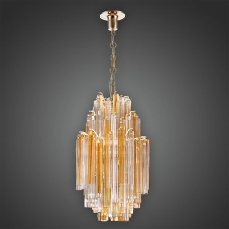 Venini - Lampadario in vetro di Murano Trilobo con poliedri trasparenti e arancioni, 60s