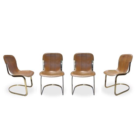 Willy Rizzo - N°4 Sedie in pelle color cognac con struttura in ottone dorato