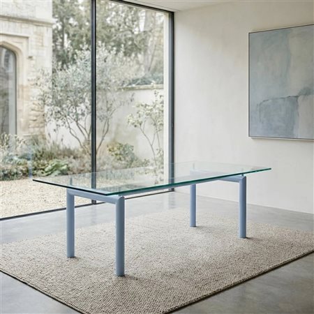 Cassina (1927)  - Tavolo LC6 con piano in cristallo e basamento e struttura in acciaio laccato celeste