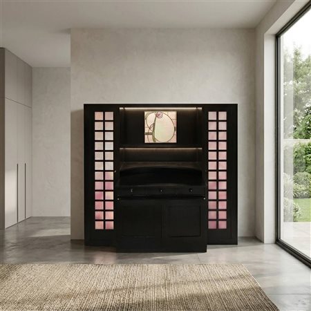 Charles Rennie Mackintosh per Cassina (Glasgow 1868 - Londra 1928)  - Credenza in frassino nero con vetro piombato con decoro floreale centrale, 1975