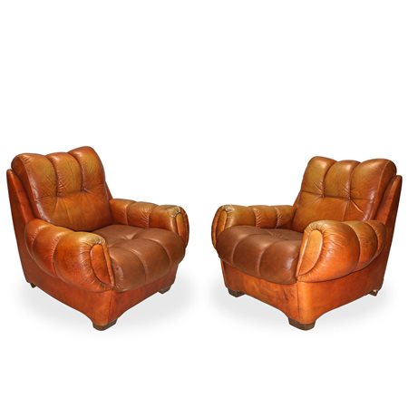 Coppia di poltrone Joe DiMaggio in pelle color cognac, 70s