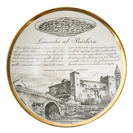 Piero Fornasetti - Piatto Fornasetti in porcellana bianca, collezione Specialità Torinesi: Lumache al Barbera, 20° secolo
