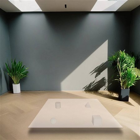 Tavolo quadrato basso con sostegno formato da elementi geometrici in marmo: sfera, cilindro, cubo e piramide.