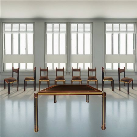 Paolo Barracchia  per Roman Decò - Tavolo da pranzo quadrato e 8 sedie in ottone impiallacciato in mogano e padouk con intarsi in legno d'acero, 70s