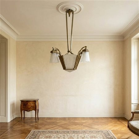 Lampadario Art Decò in vetro molato con decori classici