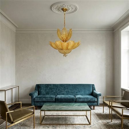Lampadario in vetro di Murano a foglie giallo paglierino