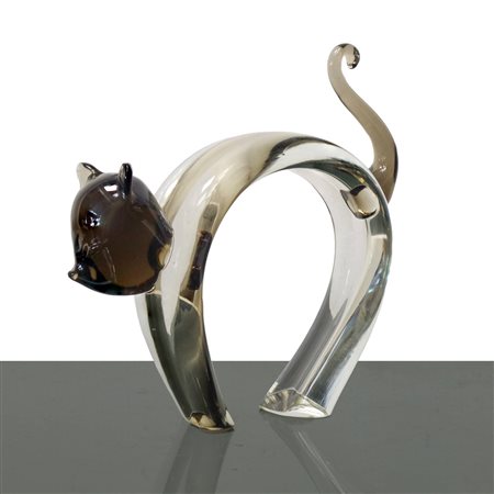 Licio Zanetti - Gatto stilizzato in vetro di Murano nero fumè