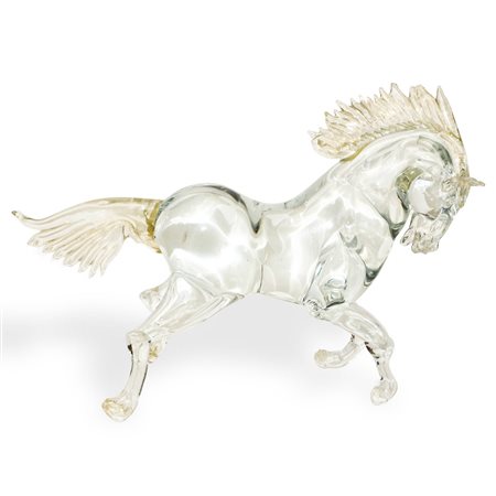 Grande cavallo in vetro di Murano con inclusioni in oro, sbeccature sulla criniera