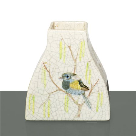 Lenci - Vaso da muro in ceramica con uccellino policromo sul fronte