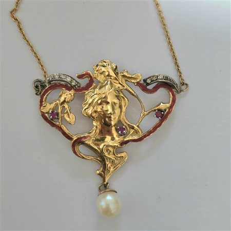 Importante colliere stile Art Nouveau in oro giallo 18 carati e brillanti