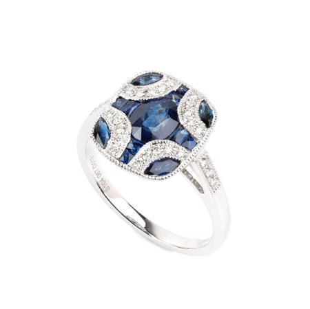 BRANAR PARIS Anello in platino in stile decò con zaffiri e diamanti A motivo...