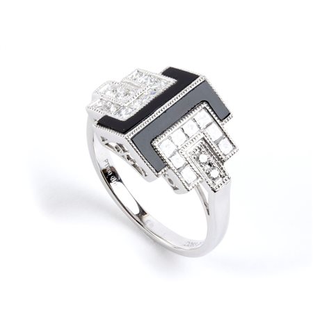 BRANAR PARIS Anello in stile Déco, in platino con onice e diamanti In...