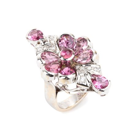 Anello in oro con motivo a fiore in tormaline rosa e nastri in diamanti In...
