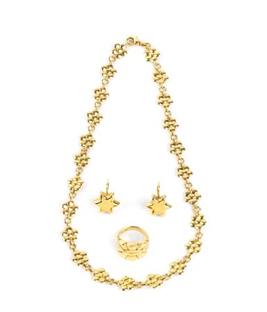 SCHREIBER MILANO Parure in oro giallo 18 carati, composta da collana, orecchini e anello