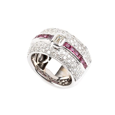 Anello a fascia in oro con diamanti e rubini In oro bianco 18k, incastonato...