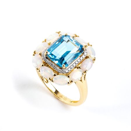 Anello in oro con topazio azzurro, opali e diamanti In oro giallo 18k,...