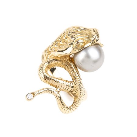 Anello in oro giallo a forma di serpente con perla Tahiti e diamante in oro...