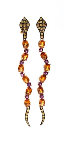 Orecchini in oro con tormaline, quarzi citrini e diamanti in oro rosa 9k, con...
