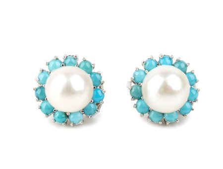 Paio di orecchini oro con perla Australiana e turchese In oro bianco 18k, con...