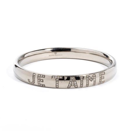 Bracciale rigido in titanio e diamanti con iscrizione "JE T'AIME" in diamanti...